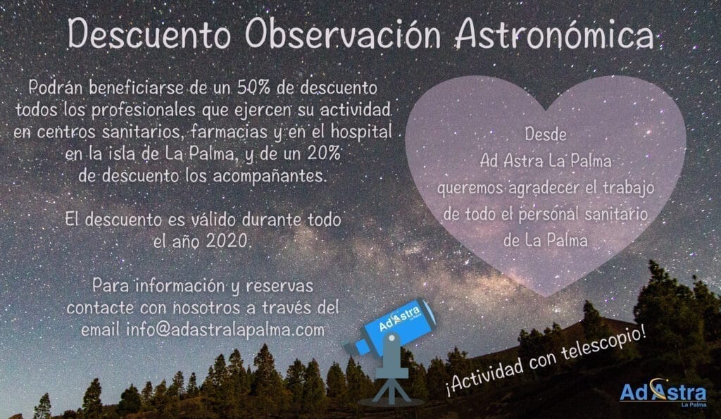 Flyer promocional con descuento especial para profesionales sanitarios en tours astronómicos